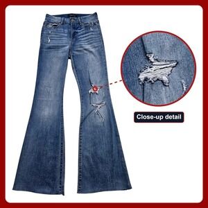 Sincerely‎ Jules Flare Jeans 5 27 Distressed Blue Bell Bottom Denim Raw Hem